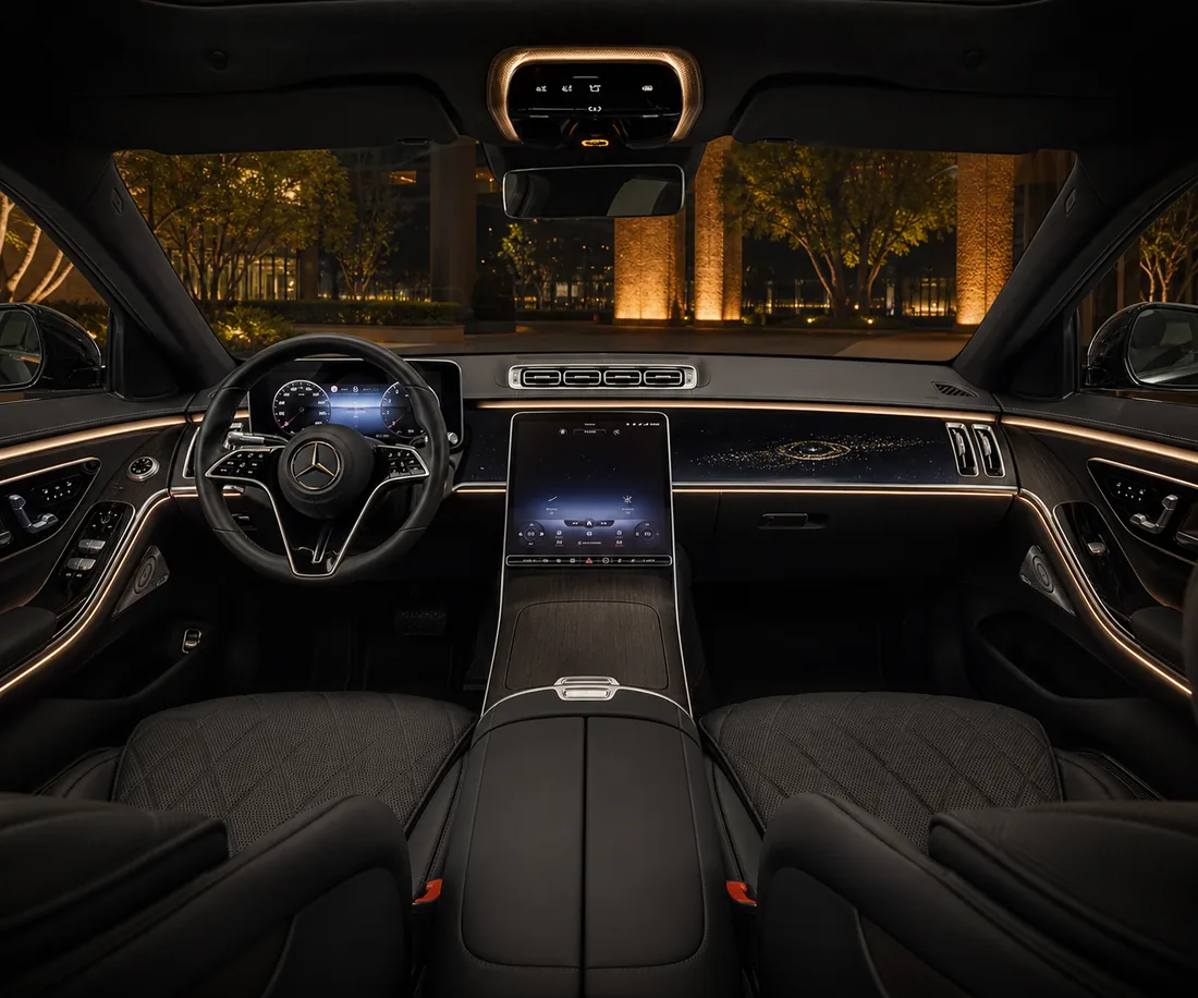 Wide-angle Mercedes-Benz S-Class cockpit with portrait MBUX display